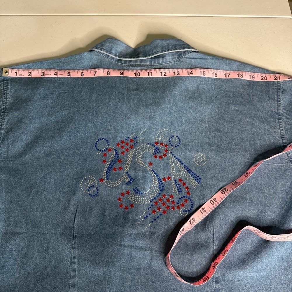 Isaac’s Designs Denim Jacket Embellished Shirt Unique USA Rhinestone Women’s 1XL - Picture 8 of 15